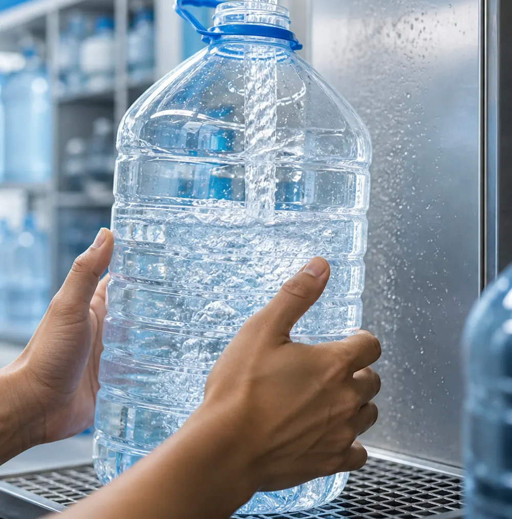 A container being refilled from a stainless-steel water tap